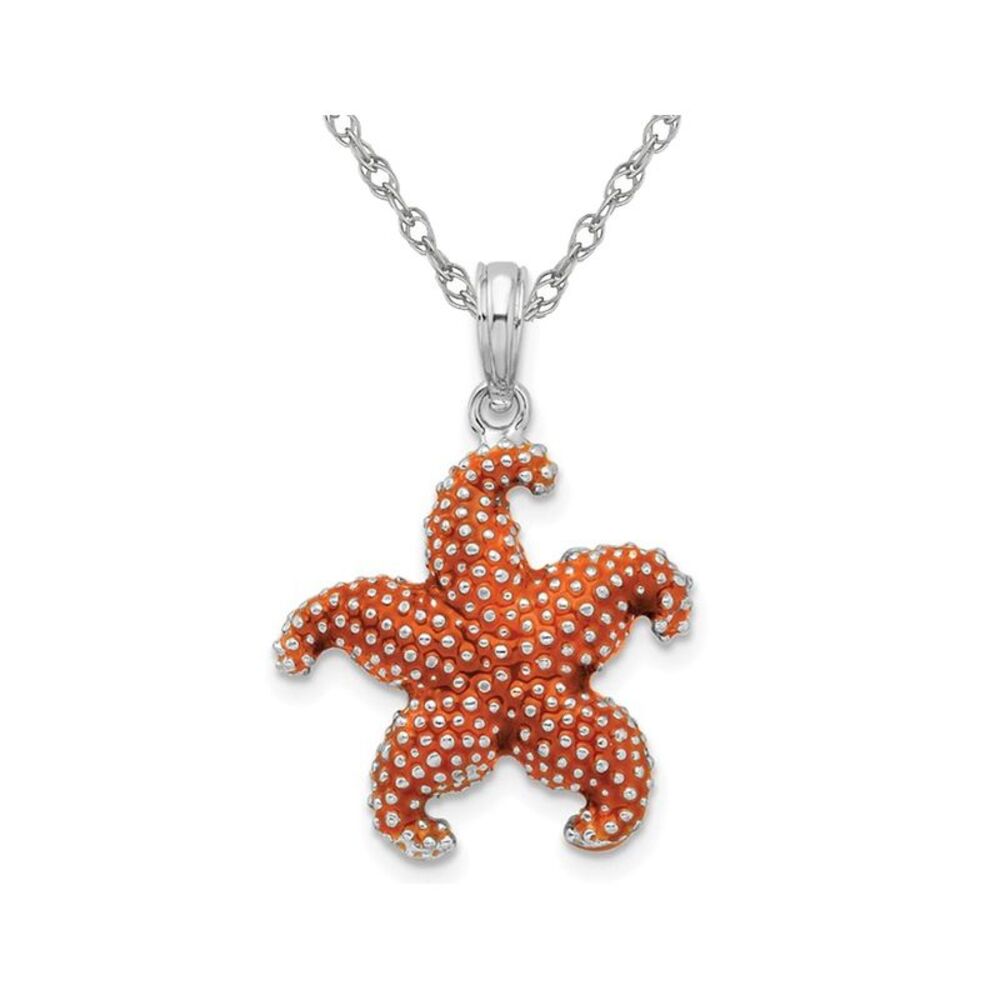 Sterling Silver Starfish Pendant Necklace with Orange Enamel and Chain